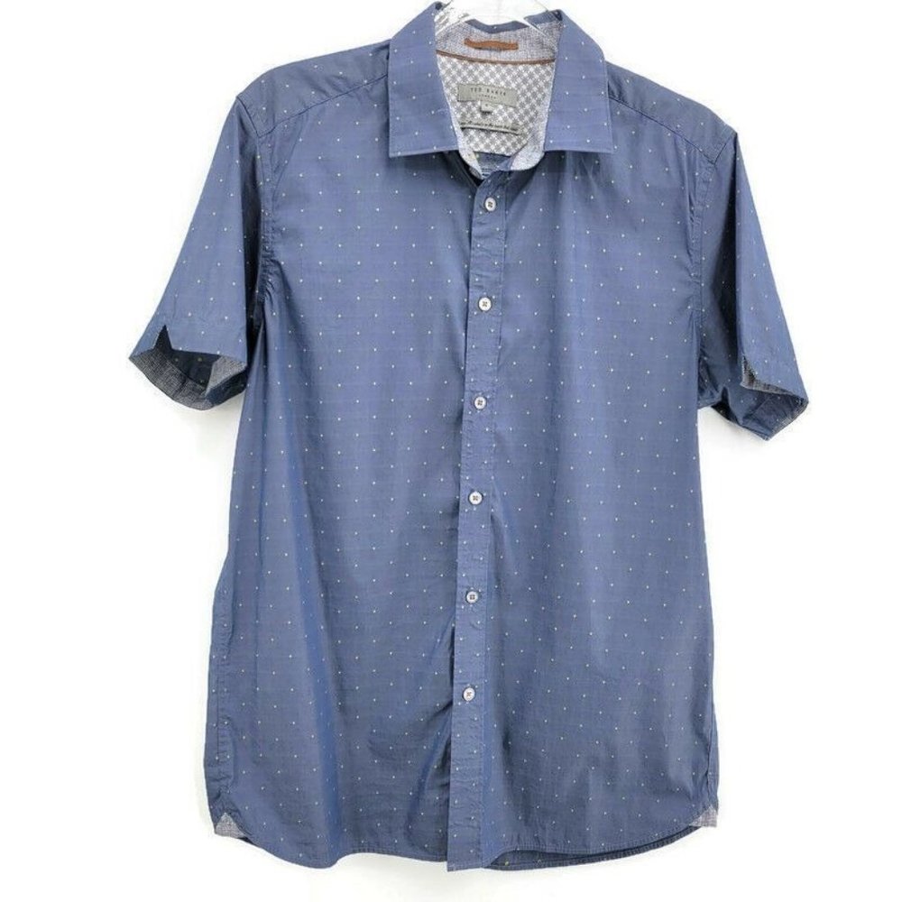 Ted Baker London Shirt Mens Size 4 Large L Blue Button up Short Sleeve Speckled